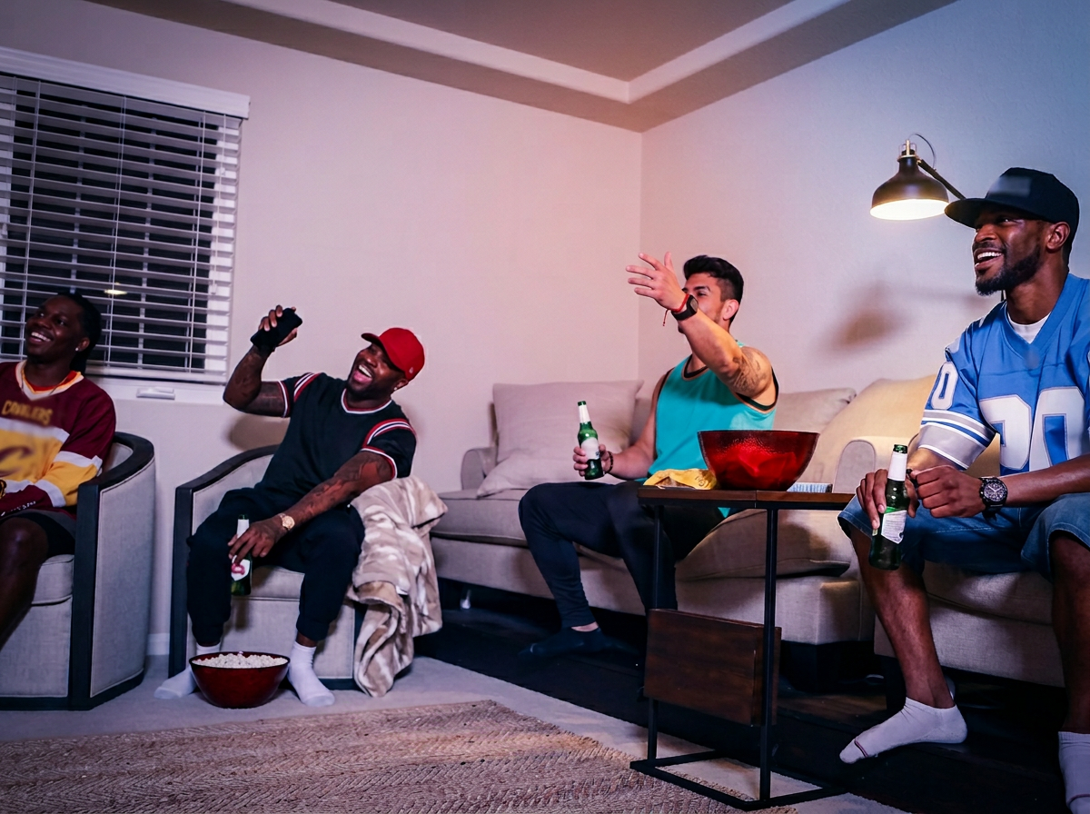 Friends in jerseys watching together